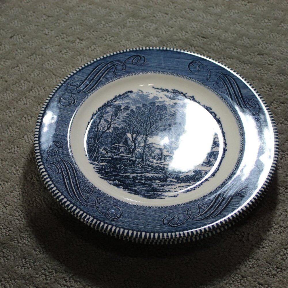 Set Of 3 Vintage Currier and Ives "The Old Grist Mill" Blue Dinner Plates 10"